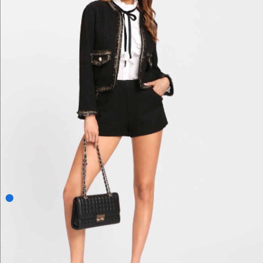 Button Embellished Fringe Trim Blazer & Shorts Set - Picture 3 of 8